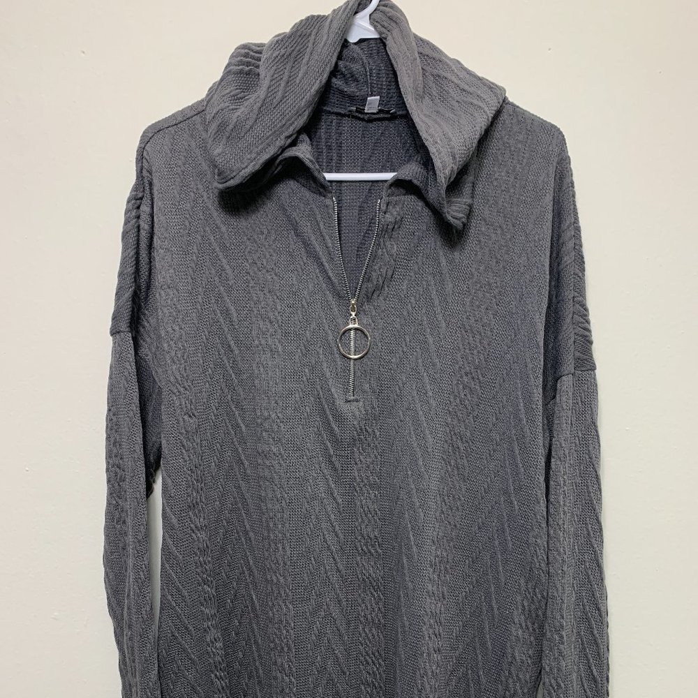 White Birch Detailed Half Zip Up Hoodie- Charcoal